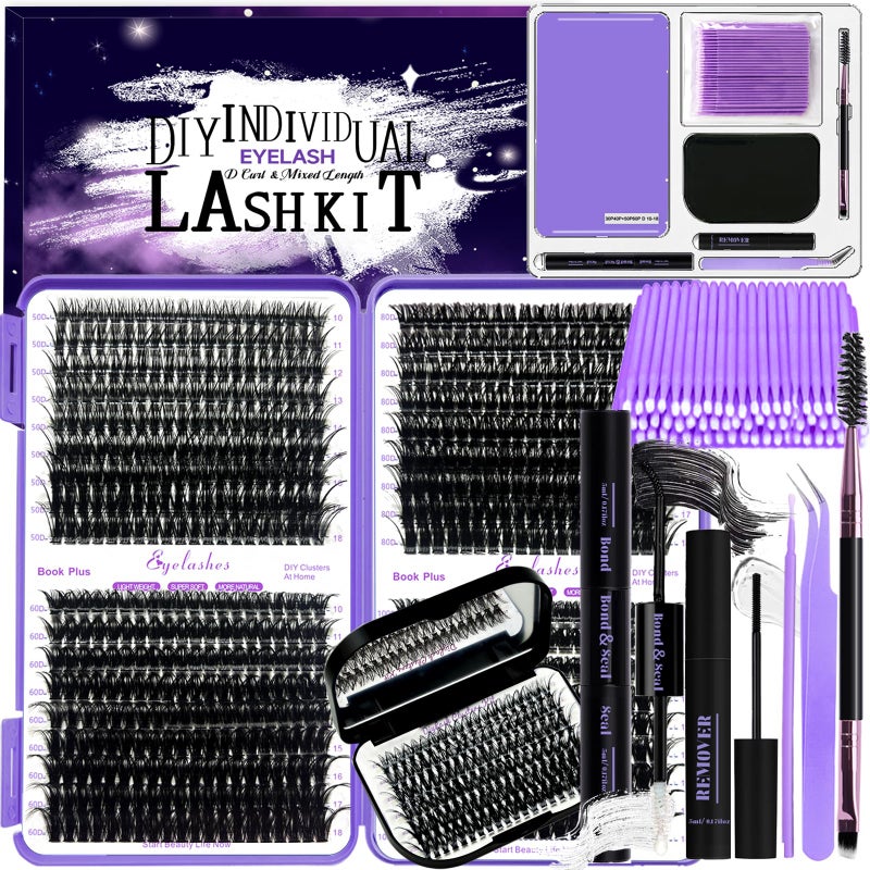 DIY Lash Extension Kit 804Pcs D Curl Individual Lash Clusters Eyelashes Extension Set with Mirror Lash Storage Box Lash BondSeal Glue Remover Tweezers Lash Brush Applicator